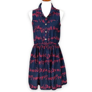 Influence Navy Pink Princess Castle Print Button Front Collared Dress Size 12 - Picture 1 of 11