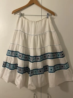 Falda Boho Lafayette 148 Talla 8 Blanca Algodón Azul/Aqua Bordado, Espejos y Cuentas Foto 1 de 4