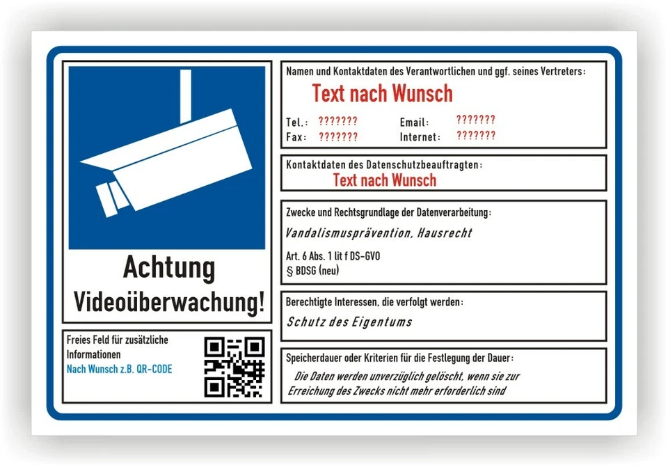 PRINTENGEL Videoüberwachung Kamera Hinweis nach DSGVO Personalisiert Vi120