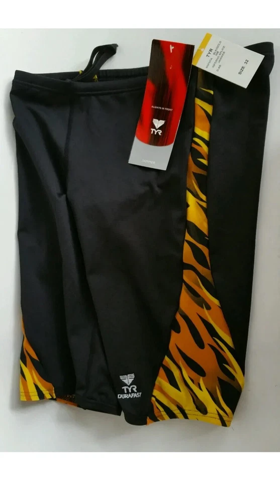 TYR Durafast Jammer Inferno Splice Sz 32 Athletic Swim Trunk NWT Black/Gold  - Image 1 of 1