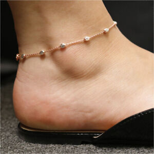 .925 Sterling Silver Rose Gold Diamond Cut Station Oval Moon Anklet 9" and 10"