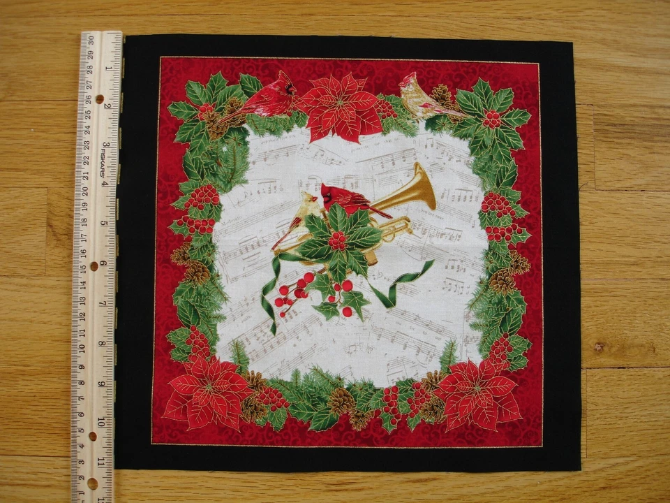 Christmas Musical Trumpet Cardinals Pine Cones  Cotton Quilt Fabric Block  - Image 1 of 1