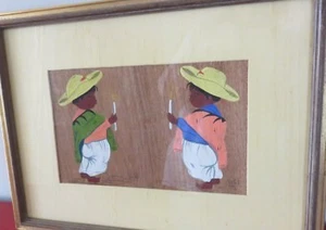 Vintage mexikanisches Gemälde auf Holz von Victor 2 Jungen mit Sarape Sombrero Kerzen - Bild 1 von 5