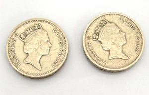 Lot of 2 British One Pound Coins 1991 Printing Upside Down on 1989 Coin Edge - Picture 1 of 4
