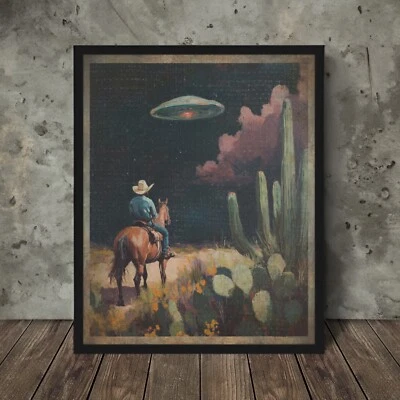COWBOY UFO Western Wall Art, Retro Sci-fi Alien UAP Cactus Flower Horse Poster  - Image 1 of 4