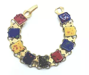 Vintage Book Chain Sponge Enamel Shield Gold Tone Link Bracelet - Picture 1 of 11