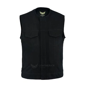 Men's SOA Collarless Black 14.5 Oz Denim Motorcycle Waistcoat with Deep Pockets - Bild 1 von 10