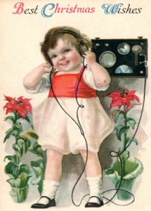 C1920 Ellen Clapsaddle Girl Radio Poinsettia Flower Christmas Postcard Wolf Pub - Picture 1 of 3