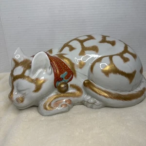 "Antiguo gato dormido Nemuri Neko Kutani Japón porcelana 13"" largo agrietada" - Imagen 1 de 15