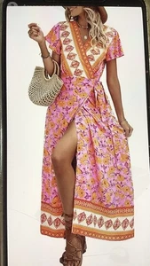 ZESICA DAMEN KLEID GEBLÜMT ROSA, ORANGE WICKEL MAXI BOHEMIAN Gr. L 100% VISKOSE. - Bild 1 von 13