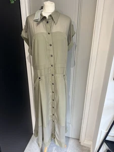 Mint Velvet Khaki Utility Midi Shirt Dress Front Button UK 18 Sheer Panelling - Picture 1 of 10