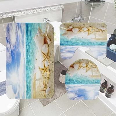  3 in 1 Sky Beach Seashell Muster Bad Mat Set Rutschfeste Waschraum Teppich Mat - Bild 1 von 4