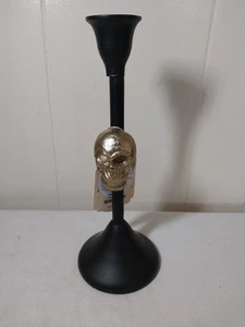 Candlestick 10"H Gold Skull Candle Holder Black Gothic Happy Halloween NWT - Picture 1 of 10