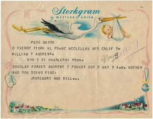 ⫸ WESTERN UNION STORKGRAM 1957 William Andrews Birth Baby Boy Charleroi PA (274) - Picture 1 of 2