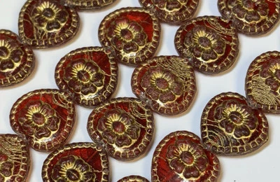 8 Vintage Design Czech Glass Transparent Red with Gold Heart Beads 17mm x 18mm - Image 1 of 2