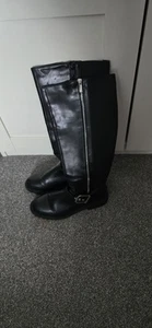 Womens Beautiful Black Faux Leather Knee-high Boots With Double Silver Zips - Picture 1 of 6