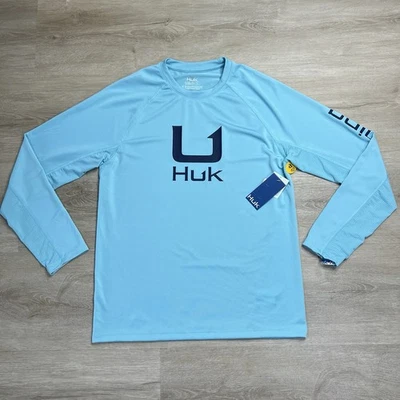 Huk Fishing Icon Crewneck Long Sleeve Marine Blue UPF 50+ Mens Small Has Tags - Image 1 of 4