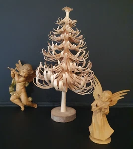 Shaved Wooden Christmas Tree 8" Vintage Germany Angel Violin Cherub Flute - Picture 1 of 15