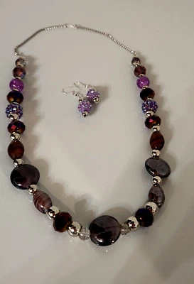 LILAC PURPLE HANDMADE beaded NECKLACE SET earrings BOHO BALI glass beads B23 - Image 1 of 4