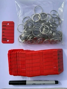 100 Car Key Tags - Red - Strong ring/Sharpie Ultra Fine Pen - Picture 1 of 2