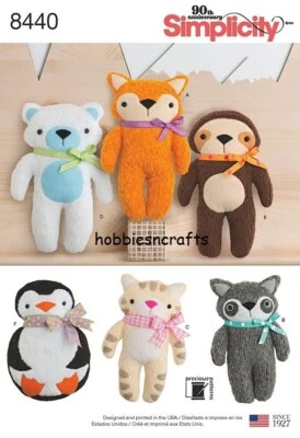 SIMPLICITY 8440 STUFFED ANIMALS Sewing Pattern Raccoon Fox Kitten Penguin Bear + - Image 1 of 4