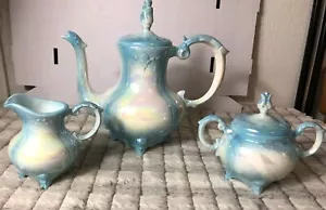 Vntg Victorian Creamer Sugar Tea Pot Set Loma Blue Iridescent Rose 5 pc. Footed - Picture 1 of 12