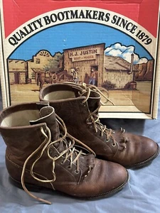 VTG Justin Bay Apache Leather Lacer Lace-Up Roper Boots L0575 Size 7 B W/ BOX - Picture 1 of 7