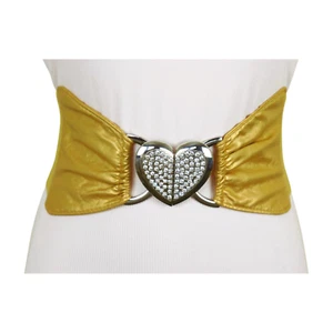Women Gold Elastic Wide Fashion Hip Waist Belt Heart Silver Metal Buckle Fit S M - Picture 1 of 15