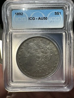 Dólar de plata Morgan 1892 $1 ICG AU50 Foto 1 de 2