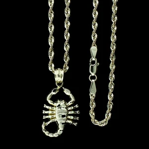 Real 10K Yellow Gold Zodiac Sign Scorpion Pendant & 2.5mm Rope Chain, Men Women - Picture 1 of 18