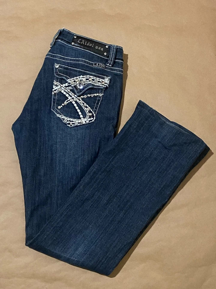 Pantalones de mezclilla para mujer LA Idol Baddazzled Bootcut talla 11 tiro medio 11x31 azul Foto 1 de 4