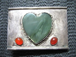 STERLING SILVER JADE HEART CARNELIAN HIPPIE BELT BUCKLE! VINTAGE! RARE 1970s 62g - Picture 1 of 10