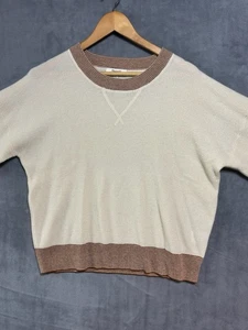 Madewell Cream 100% Cashmere Waffle Cropped Sweater Rust Color Trim Size Large - Picture 1 of 10