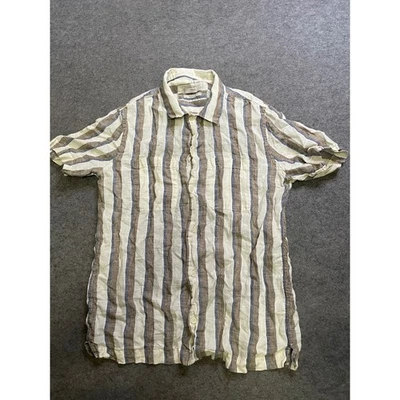 Camisa MNG MAN Rayas 100% Lino Manga Corta Abotonada Calce Regular Para Hombre Pequeña Foto 1 de 4