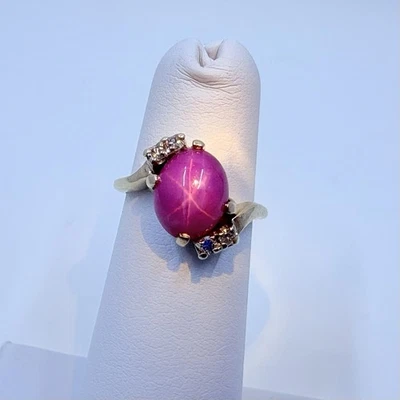 14k Yellow Gold Lab-Created Star Ruby and Natural Diamond Ring Size 3 - Image 1 of 4