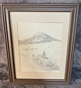 Vintage Western Scene Sketch Drawing, Cowboy, Horses, Wagon, Cattle, Signed - Picture 1 of 17