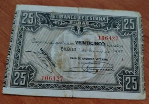 Billete 25 Pesetas 1937 Banco de España Emitido en Bilbao EBC Guerra Civil - Picture 1 of 2