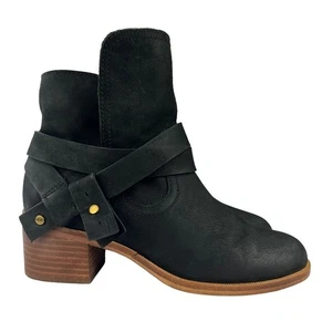 UGG Elora Boots Womens Size 7 Leather Ankle Strappy Black Booties - Picture 1 of 11