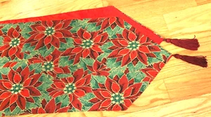 Table runner, tapestry red poinsettia with green leaves, 14 x 71, red liner - Picture 1 of 6