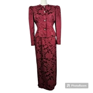 Vtg 80s Jessica McClintock Brocade Magenta Skirt Suit Set 12 Wedding Holiday - Picture 1 of 16