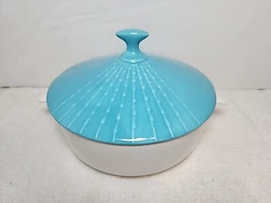 Vtg MCM Atomic Covered Casserole Serving Dish + Lid Turquoise Blue & White USA  - Picture 1 of 8
