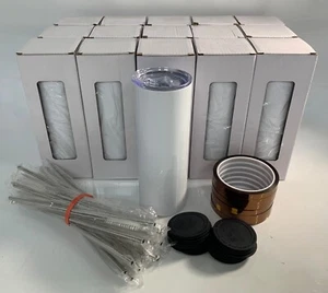 Vasos de sublimación de 20 oz, paquete de 16 vasos flacos en blanco con tapas pajitas y gomas - Imagen 1 de 8
