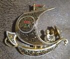 Vintage Spanish Damascene Tall Sailing Ship Pin With Couple With Parasol