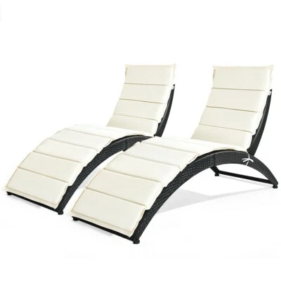 2PCS Foldable Rattan Wicker Chaise Lounge Chair w/ Cushion Patio Outdoor - Image 1 of 4