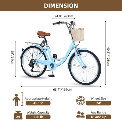 24" Women's Cruiser Bike, 7-Speed Beach & City Bicycle with Basket, Light Blue - Image 1 of 4