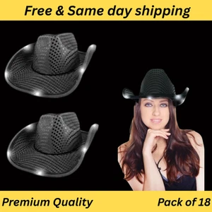 LED Light Up Flashing Sequin Cowboy Hat - Black Pack of 18 Hats By Party Glowz - Picture 1 of 4