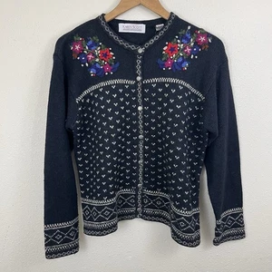 Cardigan maglione vintage Karen Scott ricamo floreale Fair Isle M Medium nordico - Foto 1 di 6