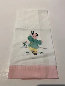 Vintage Baumwolle Geschirrtuch mit Applikation Chinesisches Mädchen Design & rosa Einfassung - Bild 1 von 6