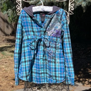 Self Esteem Girls Y2K Blue Flannel Tie Button Up Shirt Size Small - Picture 1 of 5