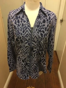 Lemon Grass women's blue animal print Pintuck long sleeve top blouse with zipper - Picture 1 of 11
